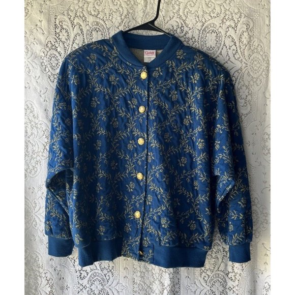 Vtg‎ Lady Graff Petite Blue Jacket Gold Roses Padded Shoulders Large Made in USA - Picture 1 of 7